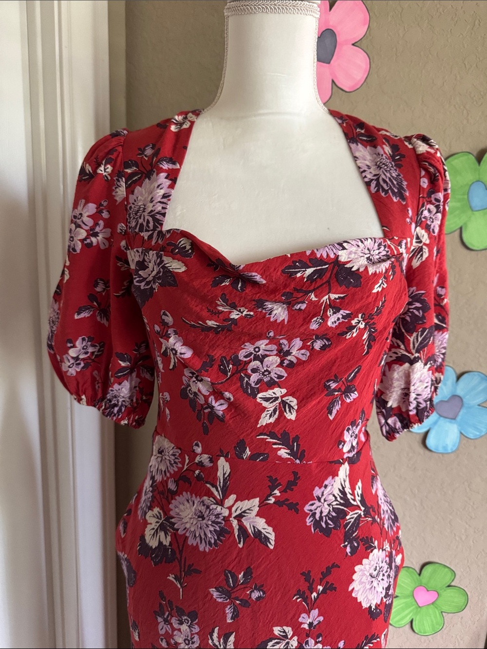 NWT Anthropologie Red Floral Puff-Sleeve Dress SZ SM pit2pit17”waist 16” L 56” - Picture 8 of 15